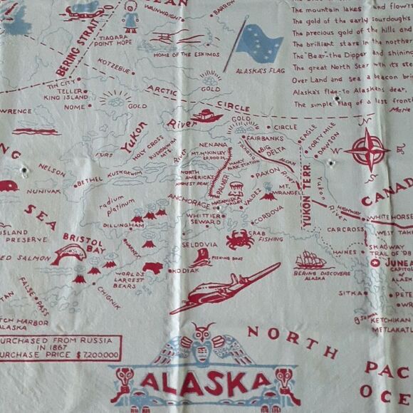 Vintage Linen ALASKA Map Souvenir Tablecloth Wall Hanging 46” X 50”. - Picture 6 of 11